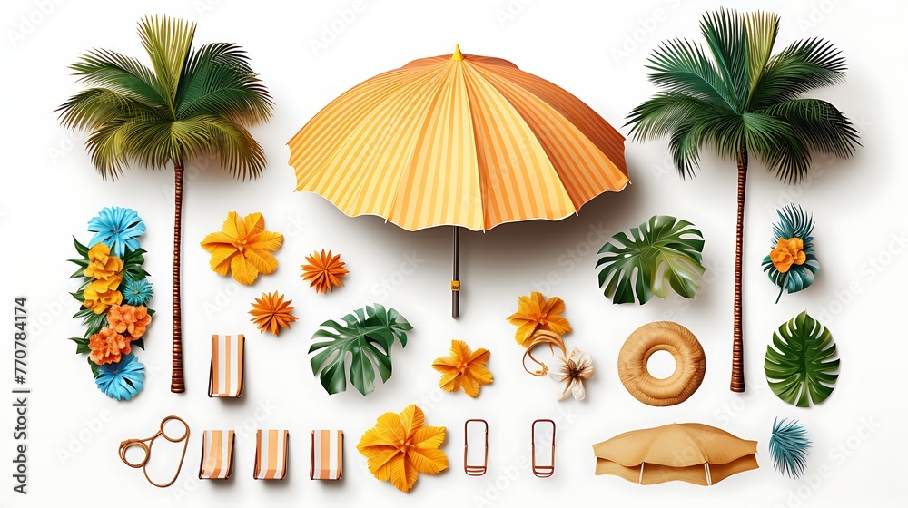 Summer elements clipart island isolated on white background Minimal Realistic objects for mock-up with summer theme beach umbrella sand inflatable ring vacation time to travel