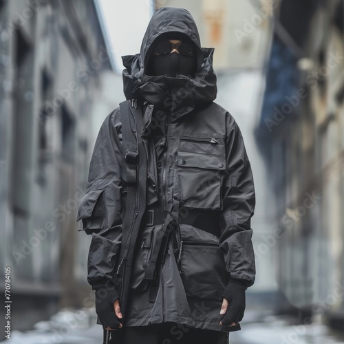 A man wearing a black jacket and a hoodie is walking down a street © Aliaksandr Siamko