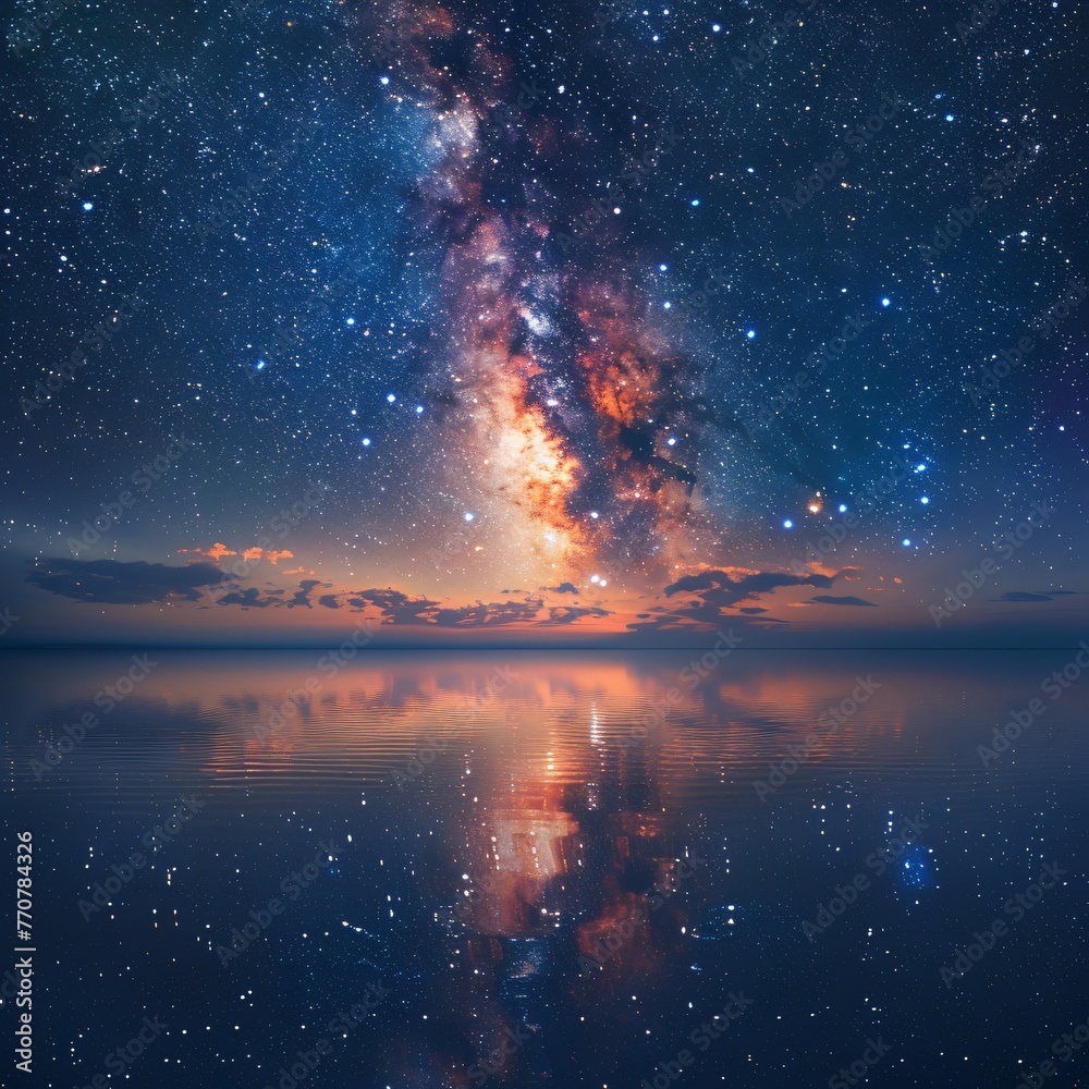 The Milky Ways radiant band mirrored in the stillness of the sea a seamless fusion of cosmic wonder and earthly beauty
