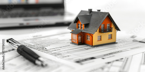 House model, tax forms, pen, laptop Concept of real estate finance and taxes preparation in modern digital era