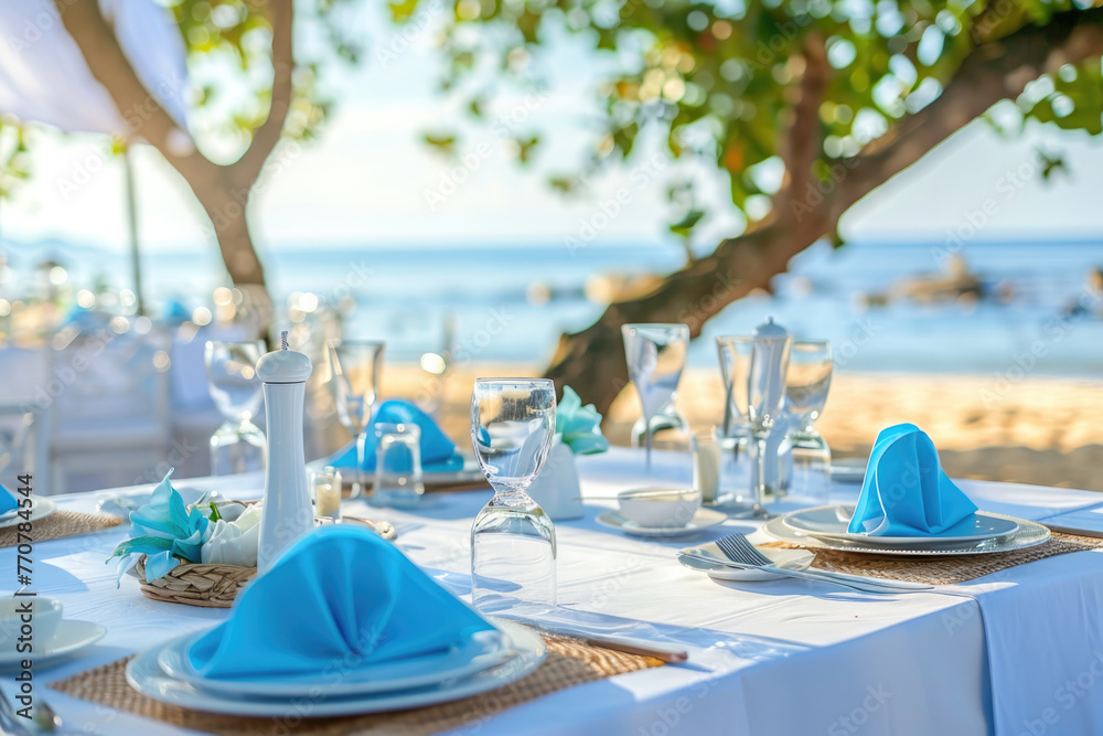 Decorated table reception at beach resort, Dinner, Wedding, Party, Honeymoon, Generative Ai