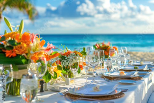 Decorated table reception at beach resort, Dinner, Wedding, Party, Honeymoon, Generative Ai