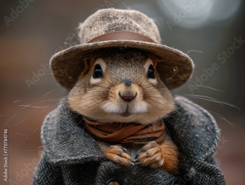 Adorable and cute squirrel portrait wearing retro and vintage clothes, retro accessories, nostalgia, vintage, 1800s, 1900s, 1920s, 1950s, 1960s, 1980, 1990, 2000s