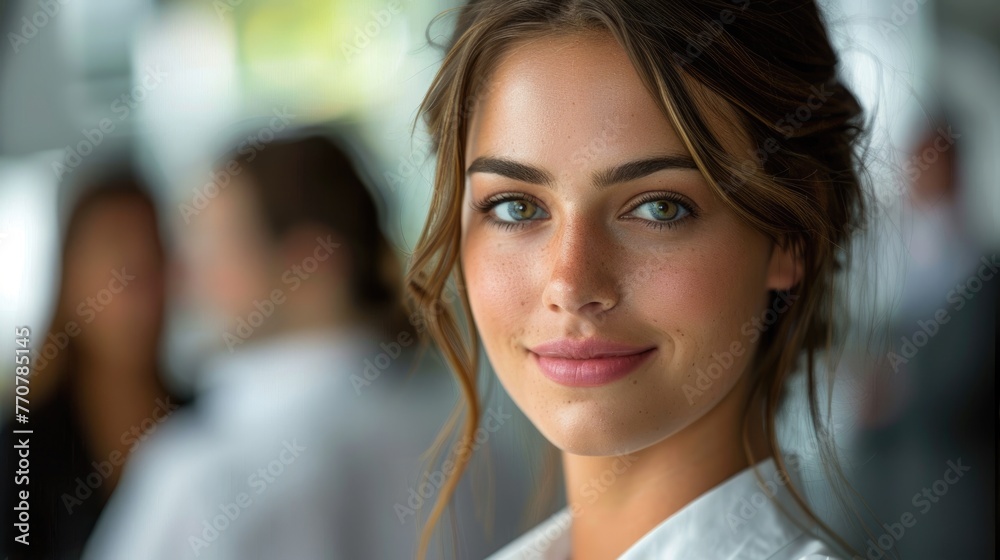 smile of  business woman with sunlight in the morning, office room background. 