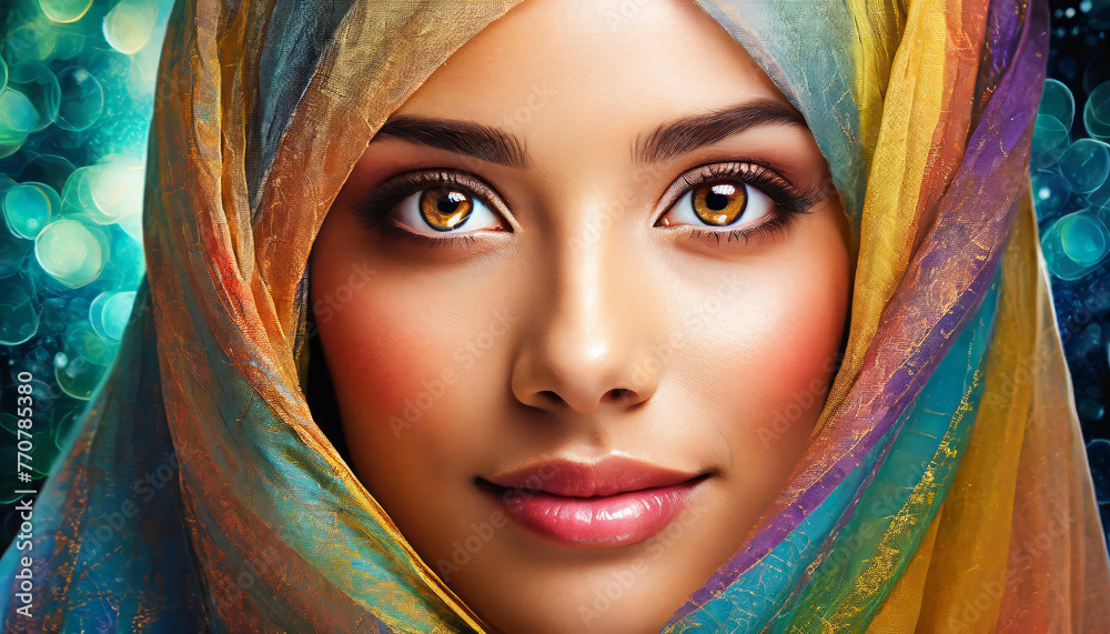 Rclose up  di una splendida donna araba con un velo vivace e colorato e occhi accattivanti