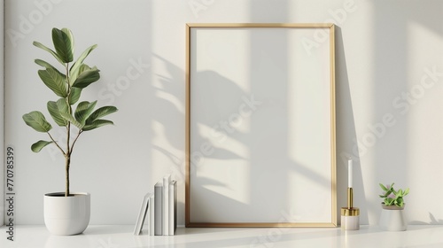 Frame mockup, flowerpot and book home interior, white wall background. 3D rendering