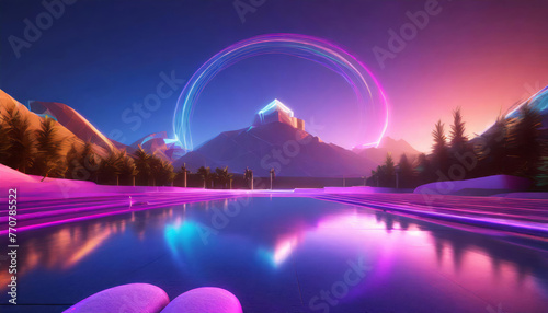 Paesaggio iperrealistico vibrante e dettagliato che raffigura montagne e laghi , colori al neon, , cielo crepuscolare stravagante. photo