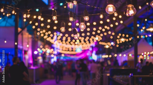 A crowded room with people dancing and lights hanging from the ceiling