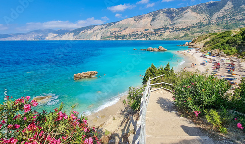 Beautiful view of Vouti beach, Kefalonia island, Greece.  A beautiful, secluded beach with turquoise sea water