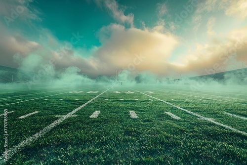 American football field and green grass under blue sky with white clouds. photo