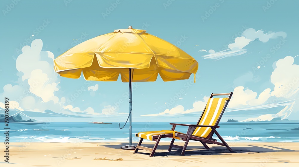 Vector Beach Chair Yellow Umbrella and Ball Summer holiday Time to travel concept