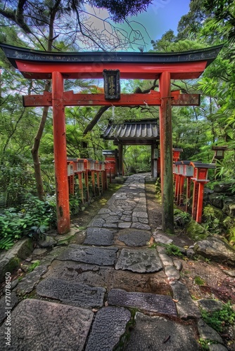 A red gate with a stone walkway leading to a building