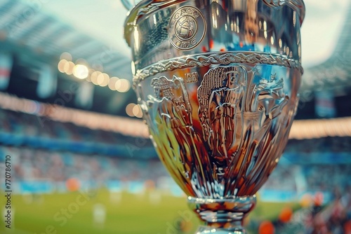 Trophy cup on the stands of the football stadium during the team game. Close up photo