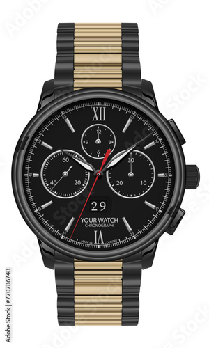 Realistic clock chronograph watch for men black steel gold white number red arrow on isolated background luxury vector