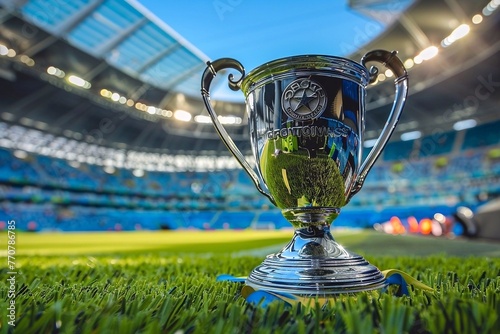 Close-up of the trophy of the European football tournament in the arena. Cup of the winner photo