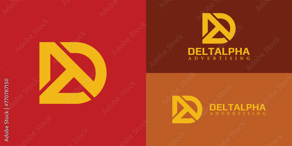 Abstract initial letter DA or AD logo in yellow color isolated on multiple red background colors. The logo is suitable for advertising firms or digital marketing businesses icon logo design template Abstract initial letter DA or AD logo in yellow color isolated on multiple red background colors. The logo is suitable for advertising firms or digital marketing businesses icon logo design template