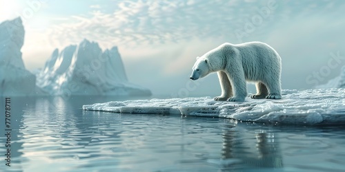 Polar Bear Character on Melting Ice Climate Warming Warning and Copy Space © Thares2020
