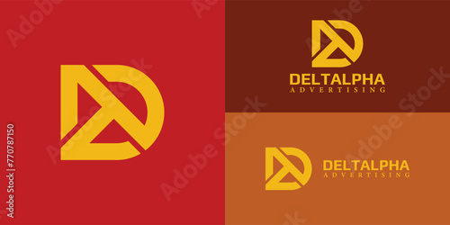 Abstract initial letter DA or AD logo in yellow color isolated on multiple red background colors. The logo is suitable for advertising firms or digital marketing businesses icon logo design template