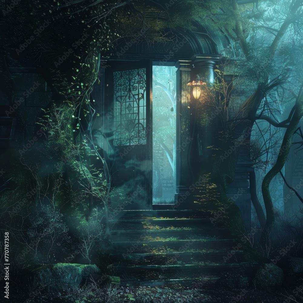 A dark, eerie forest with a door that is open