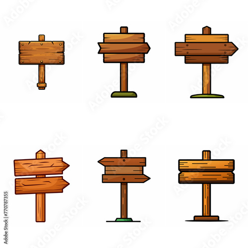 Wooden signboard set. Medieval vintage wood sign board on pole Road direction signpost collection. Rustic pointer Old blank information placard Wooden empty billboard, signboard panel. Cartoon vector.