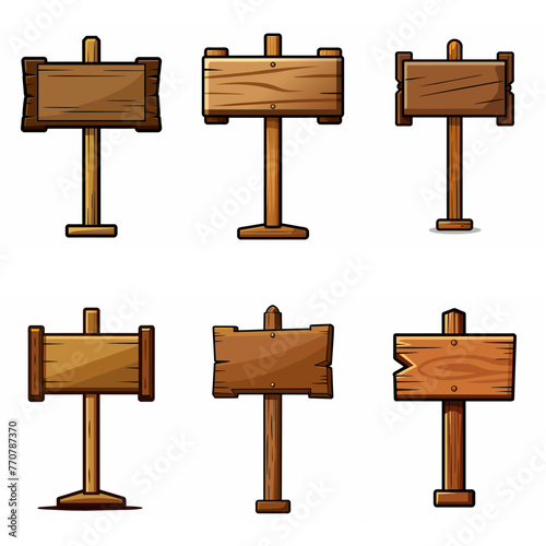 Wooden signboard set. Medieval vintage wood sign board on pole Road direction signpost collection. Rustic pointer Old blank information placard Wooden empty billboard, signboard panel. Cartoon vector.