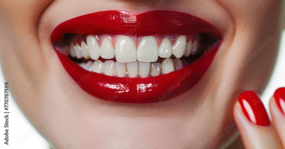 Perfect Female Smile Achieved Through Teeth Bleaching, Red Lips Shine Perfect Female Smile Achieved Through Teeth Bleaching, Red Lips Shine