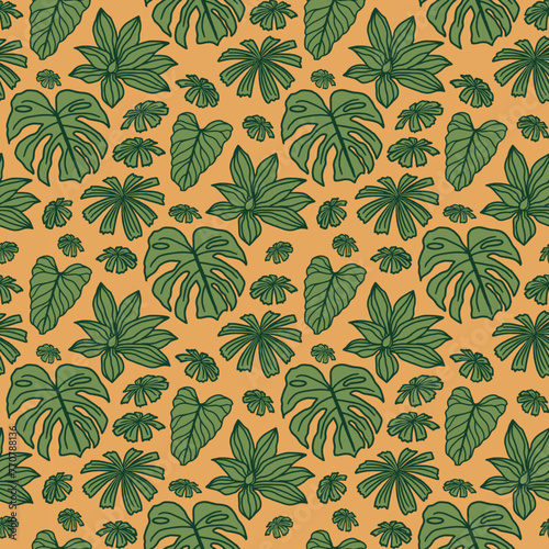 Tropical Leaves Seamless Vector Pattern, Exotic Jungle Background, Modern Line Art Wallpaper and Textile Design 