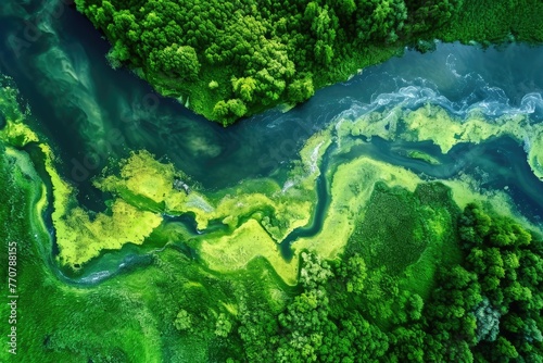 Nature's Canvas: Aerial View of Blooming Algae on Green River © Solo Leveling