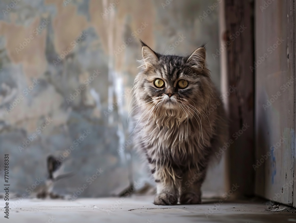 full body Cat Abyssinian standing on cement floor, looking straight in the eyes full body Cat Abyssinian standing on cement floor, looking straight in the eyes