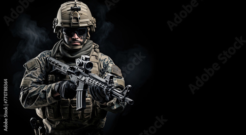 Military man on black background in uniform.