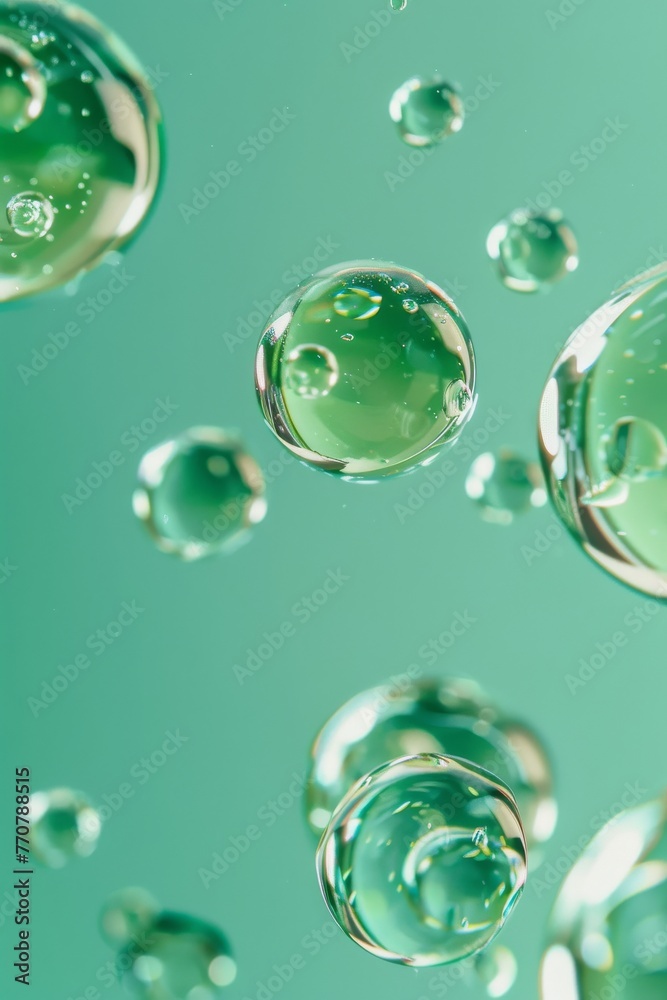 a bunch of crystal oil balls floating on a light Gradient green background, in the style of organic forms and patterns, high contrast shots, truis espedal, 
