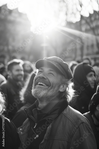 a crowd of supprters, happy, with stars in their eyes, a thirty years old man in the foreground, a smile on his face, a cap on his head, film photography, modern  photo