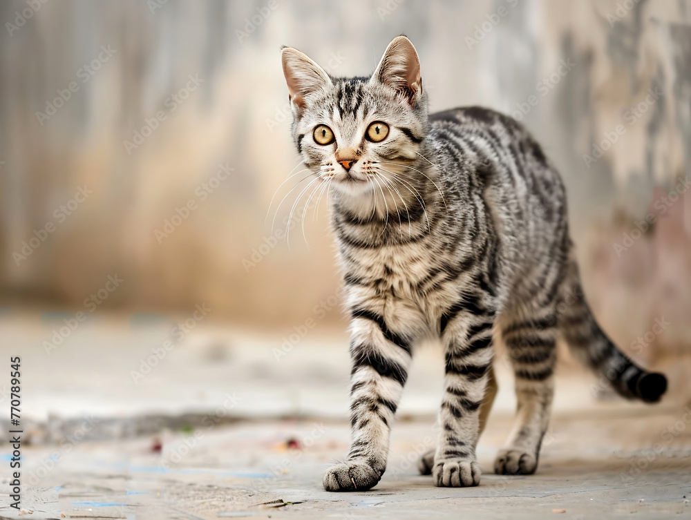 full body Cat American Bobtail standing on cement floor, looking straight in the eyes full body Cat American Bobtail standing on cement floor, looking straight in the eyes