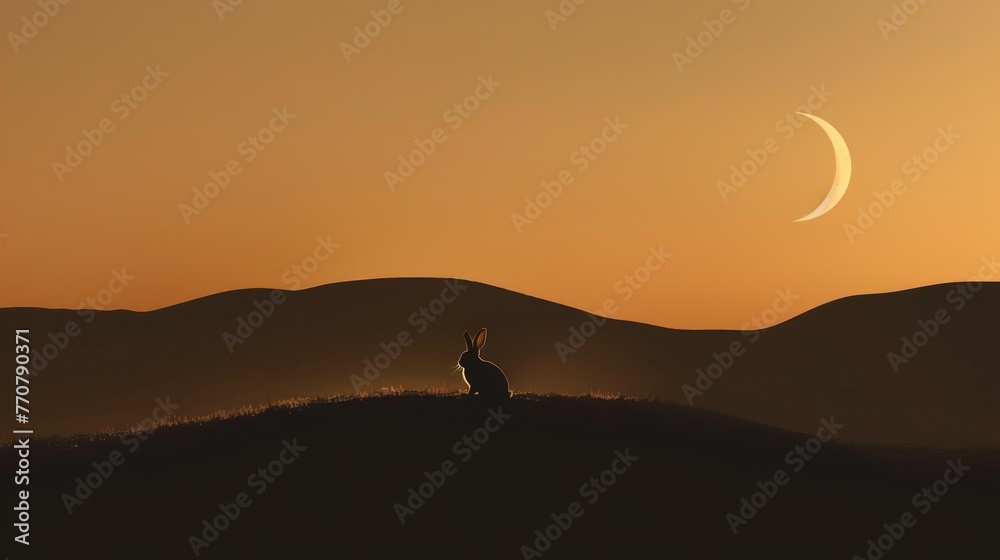 A crescent moon illuminates a rabbit silhouette on the dark, chocolatey hills