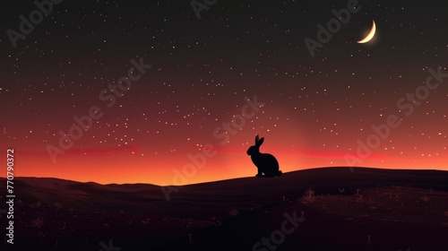 A crescent moon illuminates a rabbit silhouette on the dark  chocolatey hills