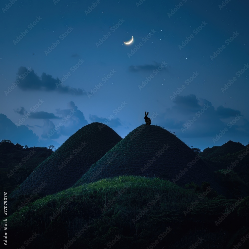 Chocolate hills at night with a rabbit silhouette, lit by a crescent moon