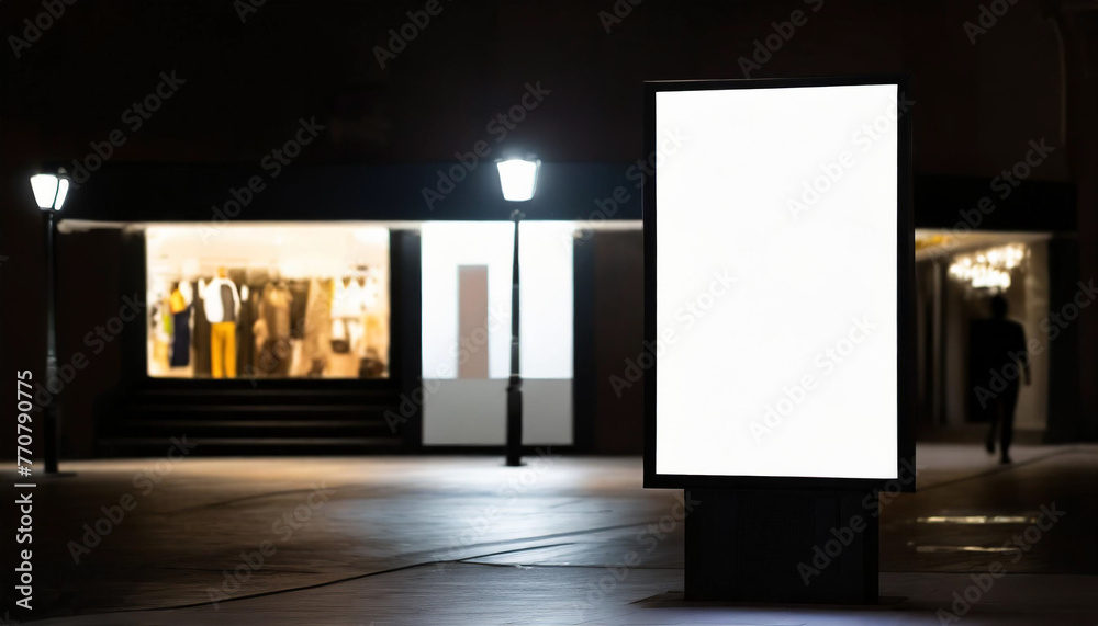 White screen isolated mockup, billboard on a shop entrance. Night shot. Dark blurred background. Blank space for your design. Illustration. White screen isolated mockup, billboard on a shop entrance. Night shot. Dark blurred background. Blank space for your design. Illustration.
