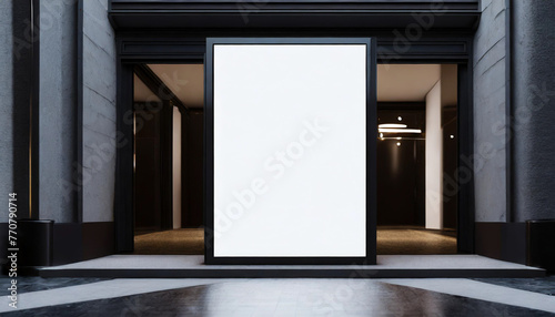 Mockup  billboard on a shop entrance. White isolated screen. Night shot. Dark background. Blank space for your design. Illustration.
