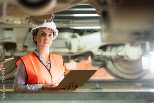 Male and female engineers work together in an electric repair station. Inspecting the undercarriage of electric train that are being repaired at the garage.