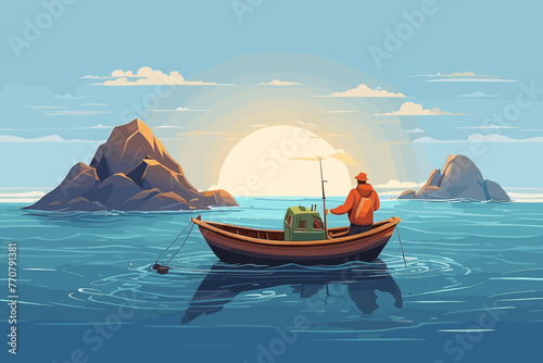 a fisherman fishing in the middle of the sea using a boat