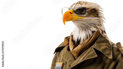 An eagleeyed eagle in an air force uniform, patrolling the sky  isolated on white background photo