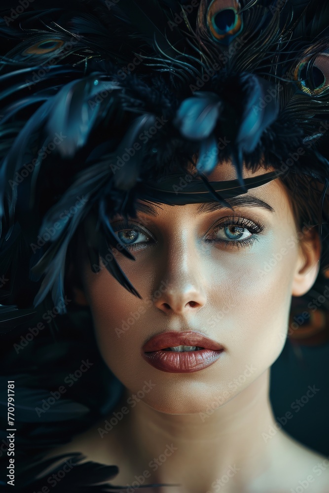 Naklejka premium feathers ,photography Colors ,close-up portrait photograph of a wonderful and beautiful woman. The image stands out with its minimalist approach, 