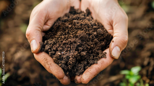 Close up of hands holding soil or rich dirt for plant growth in a garden, a close up view with copy space
