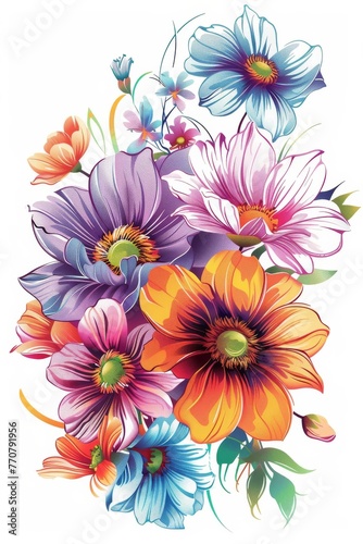 floral arrangement, tshirt graphic, vector, white background, variety of flowers, variety of colours, © Nica