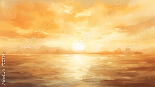 Sunset abstract landscape painting oil artwork on canvas with yellow water reflections © Aliaksandra