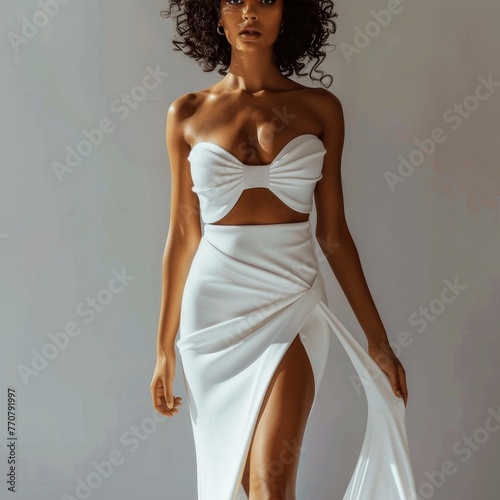 Elegant Woman in Strapless White Gown, Graceful woman in a flowing white strapless gown, capturing a moment of sophistication and style