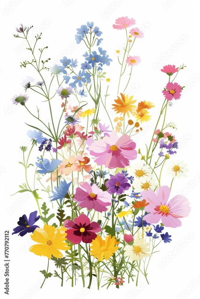 floral arrangement, tshirt graphic, vector, white background, variety of flowers, variety of colours,