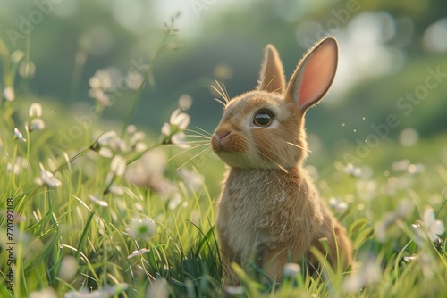 A young rabbit basks in sunlight amidst a field of green grass and white flowers
