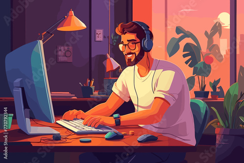 a man works on a computer. Vector flat illustration
