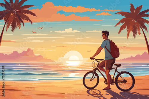 a man cycling by the beach in the afternoon